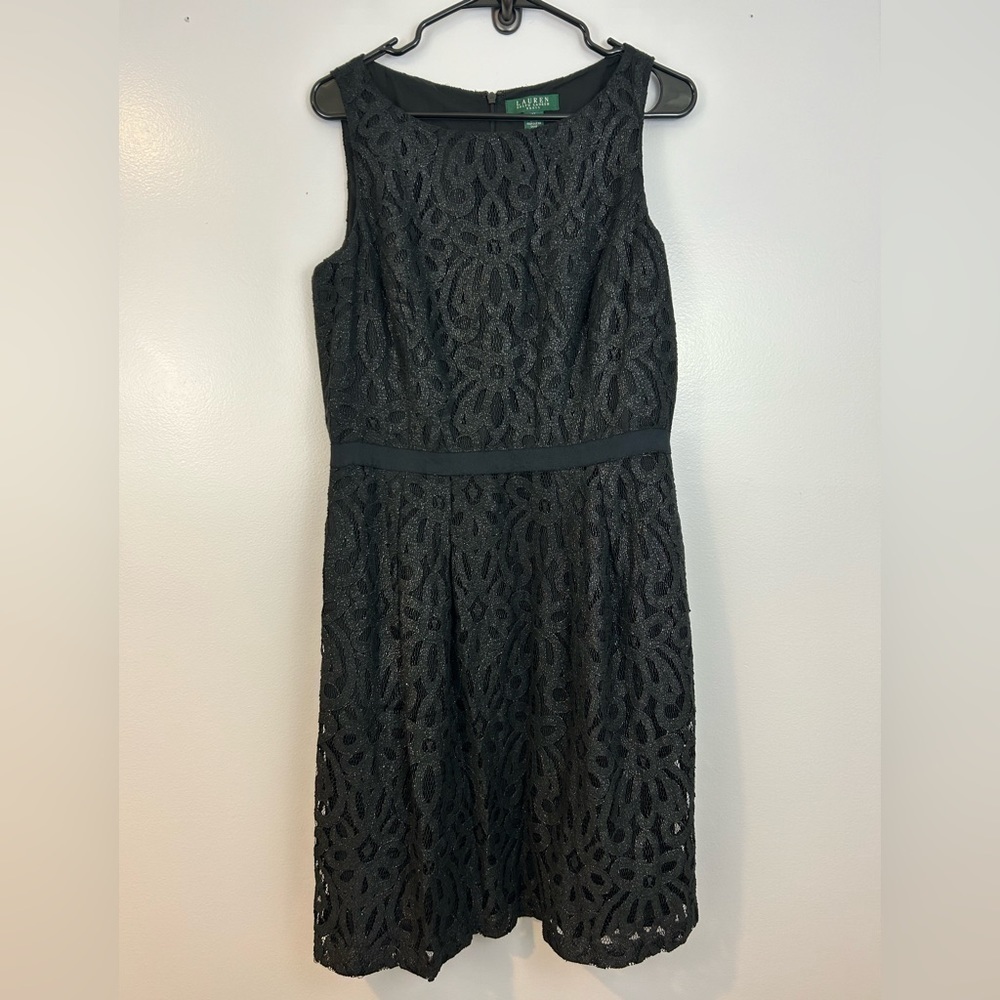 Lauren Ralph Lauren Black Metallic Sleeveless Lace Dress Size 14